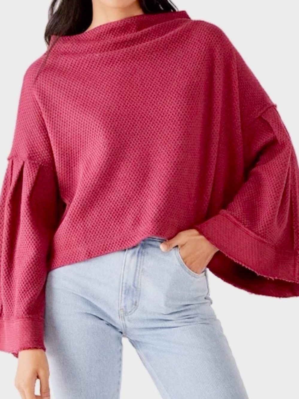 Free People Bunny Tee Raspberry Pink Waffle-Knit Cowl Pullover